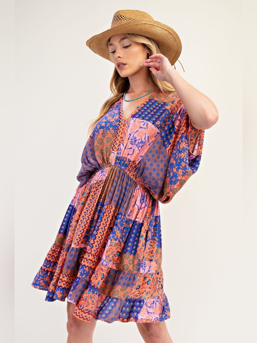 A4-1 Easel Patchwork V-Neck Mini Dress in Blue and Orange